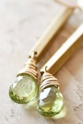 Green Earrings Peridot Gemstone Vintage Brass Gold, Minimal Simple Fashion August Birthstone